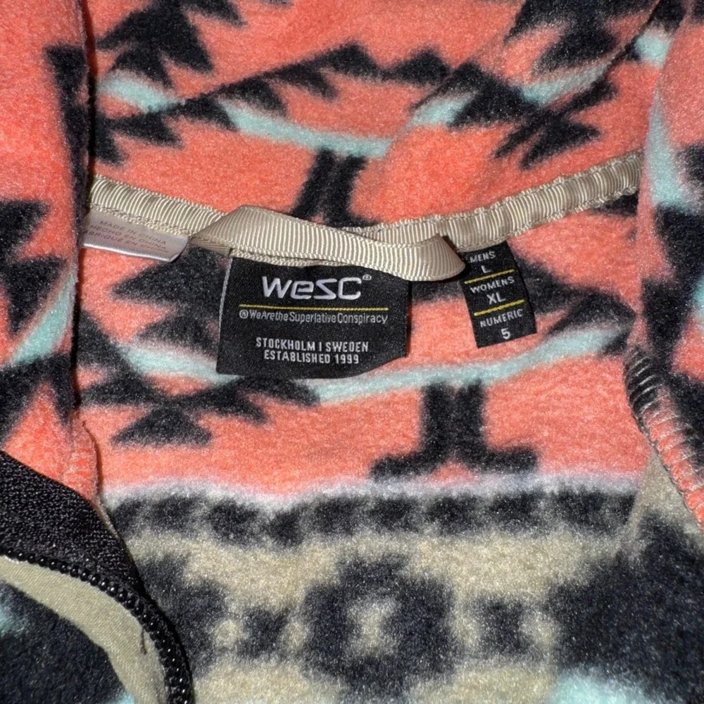 WeSC Mens Large Southwestern Aztec Fleece Full Zip Jacket Teal Orange Geometric